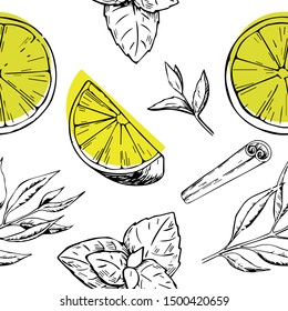Vintage pattern design with herbal tea ingredients - lemon and mint. Vector seamless background with ink hand drawn herbs and spice sketch isolated on white 