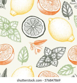 Vintage pattern design with herbal tea ingredients - lemon and mint.  Vector seamless background with ink hand drawn herbs and spice sketch.
