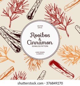Vintage pattern design with herbal tea ingredients - rooibos and cinnamon.  Vector seamless background with ink hand drawn herbs and spice sketch.