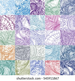 Vintage pattern details assembled into a colorful patchwork