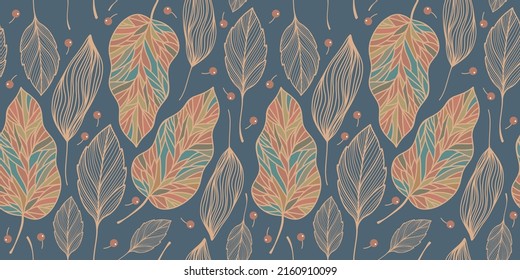 Vintage pattern with different leaves in mosaic style, burdock and berries on blue background