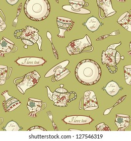 Vintage pattern with  dishware on the green background