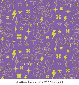 Vintage pattern with doodle word Cool in 90s style on purple neon color. Outline sketchy words and elements colored in neon green color. Perfect for modern textile, banner, wrapping paper
