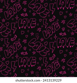 Vintage pattern with doodle word LOVE in 90s style on black background. Outline sketchy words and elements colored in neon pink color. Perfect for Valentines decoration, background