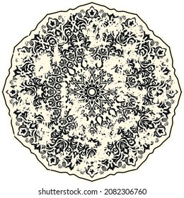 Vintage Muster mit einem Effekt der Zerreißung. Gewohnter runder Teppich. Freehand Zeichnung. Rundblumengeschmack im traditionellen orientalischen Muster. Vektorgrafik