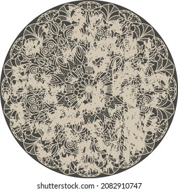 Vintage pattern with an effect of attrition. Shabby round carpet. Freehand drawing. Round floral ornament in traditional Oriental pattern. Vector illustration