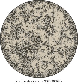 Vintage pattern with an effect of attrition. Shabby round carpet. Freehand drawing. Round floral ornament in traditional Oriental pattern. Vector illustration