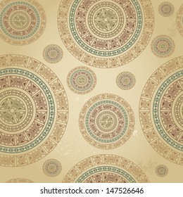 Vintage pattern with ethnic ornament on grunge background. Can be used for wallpaper, textiles, book design, pattern fills, web page background, surface textures, scrapbooking... Vector illustration