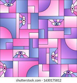 Vintage pattern with eyes in geometric shapes grid mondrian avant garde fashion textile print. Decorative modules illustration. Open eyes bauhaus geometric seamless pattern. Gradient vector design.
