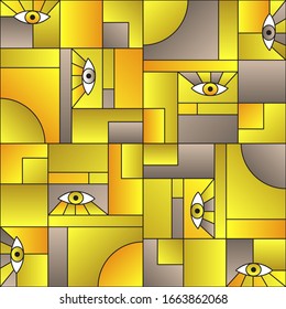 Vintage pattern with eyes in geometric shapes grid scandinavian fashion retro textile print. Decorative modules illustration. Open eyes bauhaus geometric seamless pattern. Gradient vector design.
