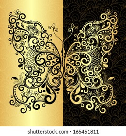 Vintage pattern with fantasy lacy gold-black butterfly (vector EPS 10)