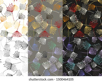 Vintage pattern. Fashion seamless pattern. Fabric texture. Vector template set. Vector line design. Flowers dandelion in flat style. Vintage seamless pattern