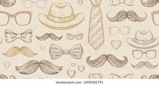 Vintage pattern for Father day on old craft paper background. Dad day design. Seamless pattern with sketch male hat, tie, mustache and glasses with brown kraft paper texture, vector illustration