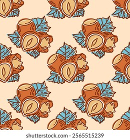 vintage pattern features intricately designed hazelnuts, surrounded by delicate leaves. warm tones, classic style create a charming, timeless aesthetic, perfect for culinary or nature-themed projects