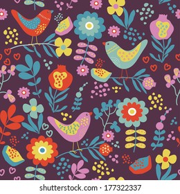 Vintage pattern with flowers and birds. Seamless pattern.