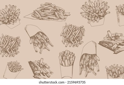 Papas fritas de estilo vintage sin inconfundibles , funda de comida sepia elegante para tela, postales, papel pintado, ilustración gráfica vectorial. Comida rápida y diseño de fondo de menú