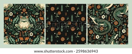 Vintage Pattern Frog Lizard Set Boho Seamless Forest Folk Art Animal Ethnic Floral Motif Retro Woodland Texture Bohemian Dark Nouveau Background