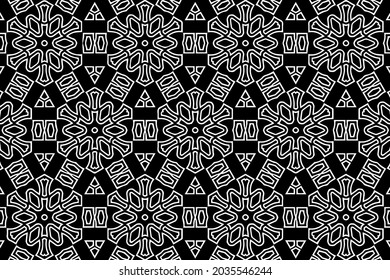 Vintage pattern, geometric background, ethnic abstract ornament. Cover design in oriental, asian, indonesian, mexican, aztec styles. Black white template for coloring, presentations.