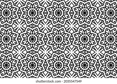 Vintage pattern, geometric background, ethnic floral ornament. Cover design in oriental, asian, indonesian, mexican, aztec styles. Black white template for coloring, presentations.