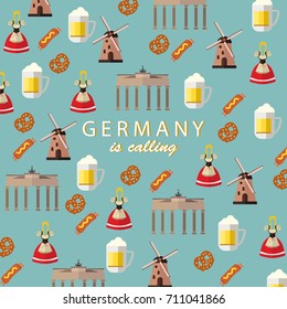 Vintage Pattern with Germany traditional icons.Famous buildings,beer,pretzel,sausage and Germany is calling typography.For textile,prints,poster,greeting,invitation cards design.Vector illustration.