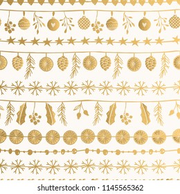 Vintage pattern with golden Christmas garlands. Isolated hand drawn elements.
