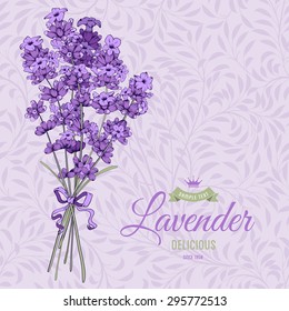 Vintage pattern with hand drawn floral bouquet of fragrant lavender in engraving style. Vector illustration.