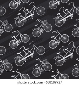 Vintage Pattern with Hand-drawn Bicycles on a Black Background like Chalkboard