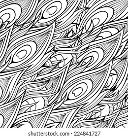 Vintage pattern with hand-drawn peacock feathers
