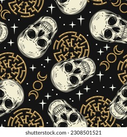 Vintage pattern with human skull like cup, labyrinth, stars, tripple goddes sign. Concept of sacred spirit, magic, expanded mind, psychic abilities. Mystical surreal illustration