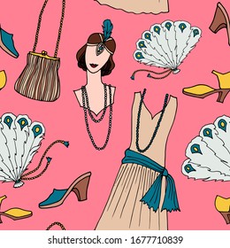 Vintage pattern illustration with face, dress, shoes, fan