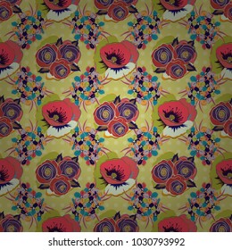 Vintage pattern with indian batik style poppy flowers. Motley floral vector background. Seamless pattern with orange and pink poppies.