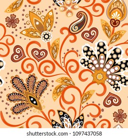 Vintage pattern in indian batik style. Floral hand draw vector background. Orange colors.