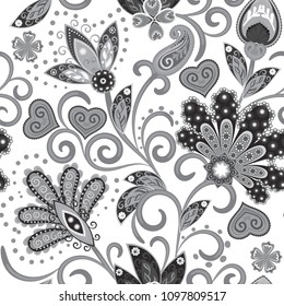 Vintage pattern in indian batik style. Floral hand draw vector background. Gray on white.