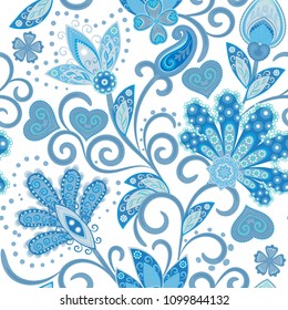 Vintage pattern in indian batik style. Floral hand draw vector background. Blue on white.