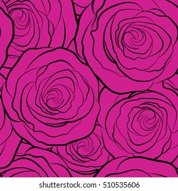 Vintage pattern with indian batik style rose flowers. Monochrome floral vector background. Seamless pattern with magenta roses.