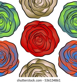 Vintage pattern with indian batik style rose flowers. Floral vector background. Seamless pattern with orange, blue and neutral roses.