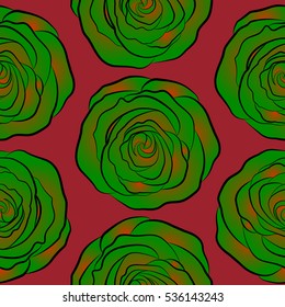 Vintage pattern with indian batik style rose flowers. Floral vector background. Seamless pattern with green, orange and red roses.
