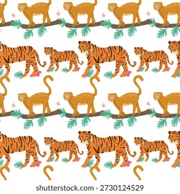 Patrón de Antiguas con tigre de bengala indio y macaco. Ilustración plana de dibujos animados aislada. Patrón abstracto de animal de tigre y mono.