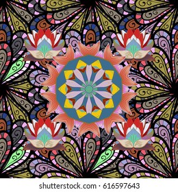 Vintage pattern. Islam, Arabic, Indian, Turkish, Pakistan. Decorative Indian Round Mandala on colorful background. Christmas Card Mandala Design. Colored over. Invitation Card, Scrapbooking.
