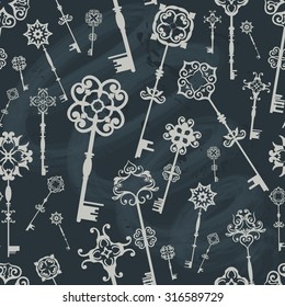 Vintage pattern of keys on blue chalkboard background. Seamless