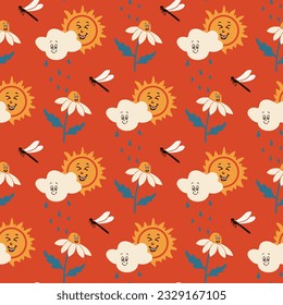 Vintage pattern for kids with cartoon characters. Vector groovy characters sun, clouds with drops, dragonflyfly and daisy on red background. Perfect for decoration, background, kids textile, wrapping