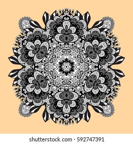 Vintage pattern on beige and white background with white elements and with doodles. Christmas, snowflake, new year.