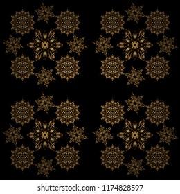 Vintage pattern on black background. Seamless pattern with golden elements for design in retro style. Universal vector pattern for wallpapers, textile, fabric, wrapping paper, packaging box etc.