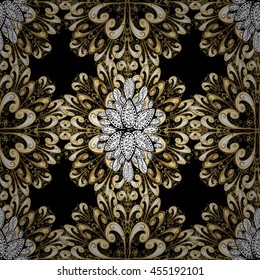 Vintage pattern on black background with golden and white elements.