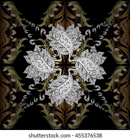 Vintage pattern on black background with golden and white elements.