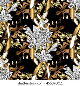 Vintage pattern on black background with golden and white elements.