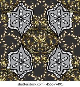 Vintage pattern on black background with golden and white elements.