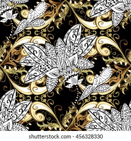 Vintage pattern on black background with golden and white elements.