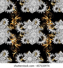 Vintage pattern on black background with golden elements.