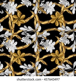 Vintage pattern on black background with golden elements.